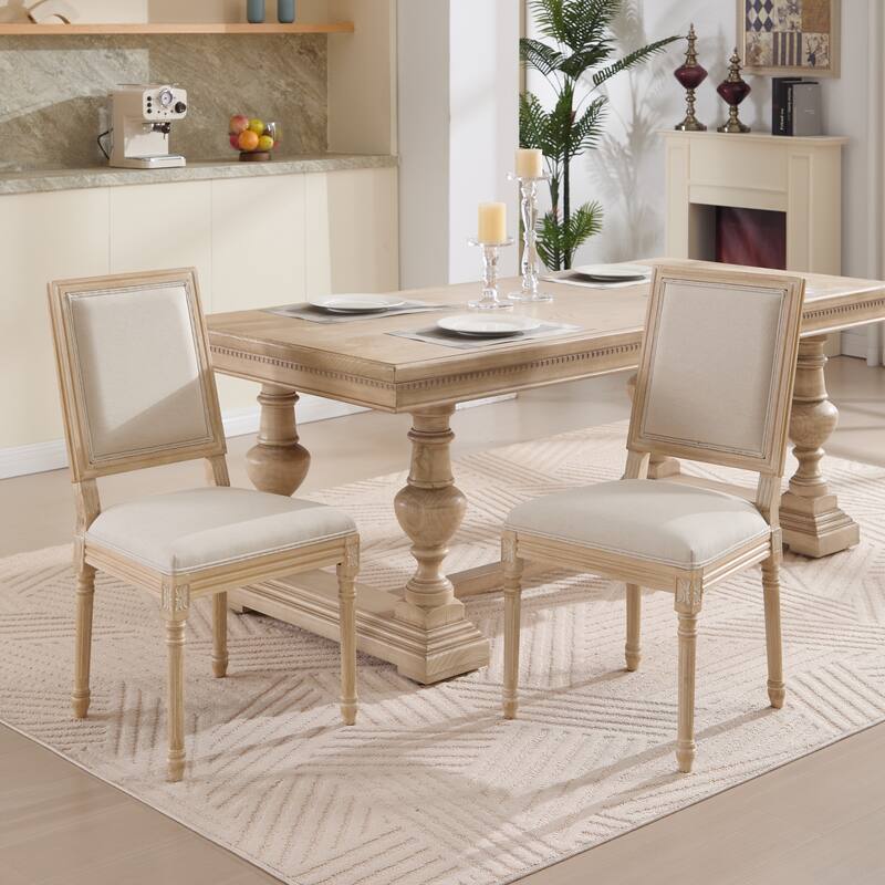 French Country Dining Chairs Set of 2, Upholstered Chairs with Square Back, Wire drawing and carving techniques - Beige