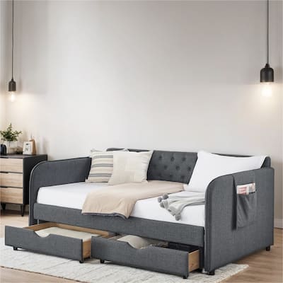Twin Size Linen Upholstery Daybed with Trundle and 2 Drawers