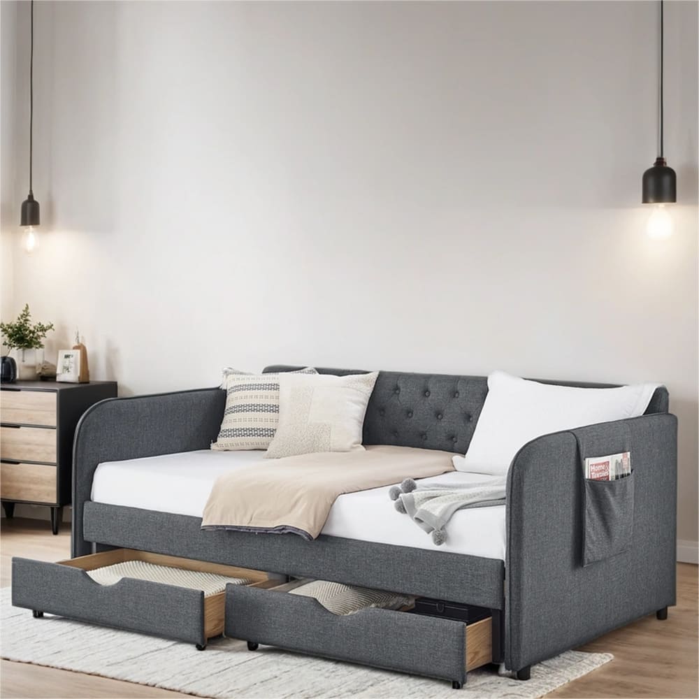 Twin Size Linen Upholstery Daybed with Trundle and 2 Drawers