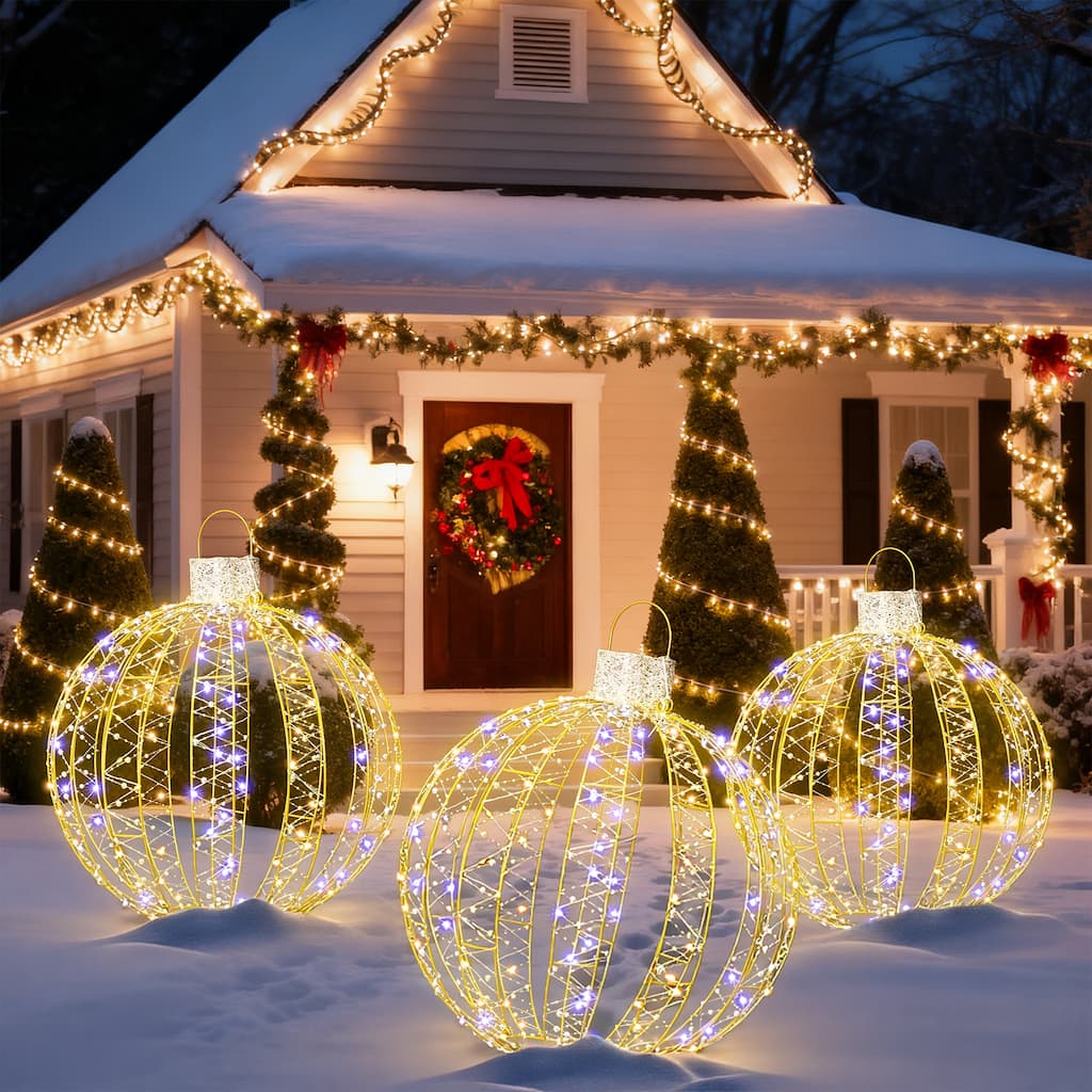3-Piece Christmas Lighted Ball Set, LED Decorative Sphere Lights - 3Piece