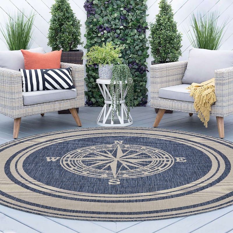 Sevita Tides Nautical Compass Blue/White Indoor/Outdoor Area Rug
