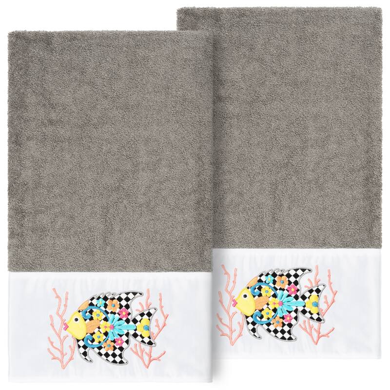 Authentic Hotel and Spa 100% Turkish Cotton Feliz 2PC Embellished Bath Towel Set - Dark Gray