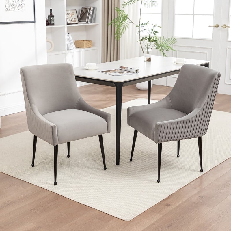 SEYNAR Modern Glam Velvet Black Metal Legs Dining Chair or Vanity Chair Set of 2 with Rear Handle