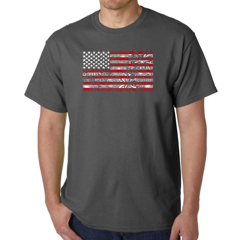 LA Pop Art Men's Word Art T-shirt - Fireworks American Flag - Grey - 2XL