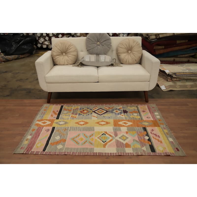 Hand Woven Oriental 100% Wool Carpet Southwestern Tribal Multi-Colored Kilim Area Rug - 5' 1'' X 3' 3''