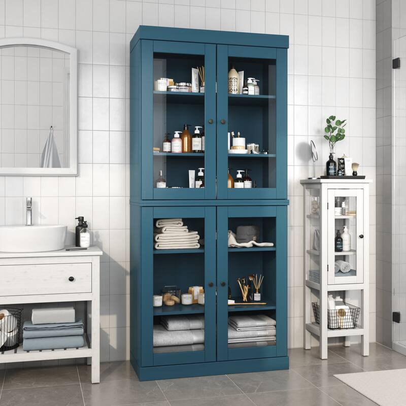 100% Solid Wood 32" Bathroom Cabinet with Optional Doors by Palace Imports - Teal Blue - 4 Doors Glass