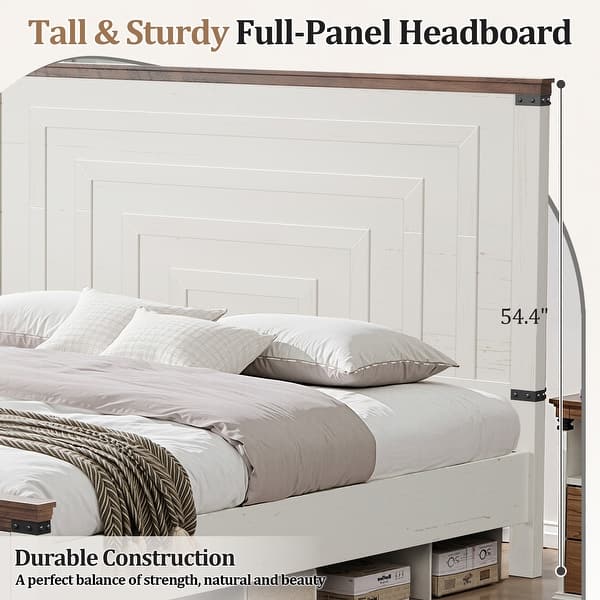 dimension image slide 2 of 13, Farmhouse Wood Bed Frame with 54" Tall Headboard, 2 Large Drawers