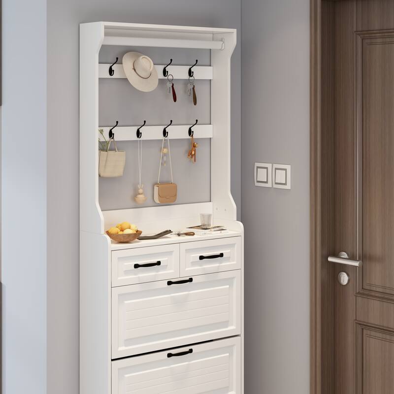 Anmytek Multifunctional White Shoe Cabinet 3 Doors 2 Drawers with Hanger Large Storage Space