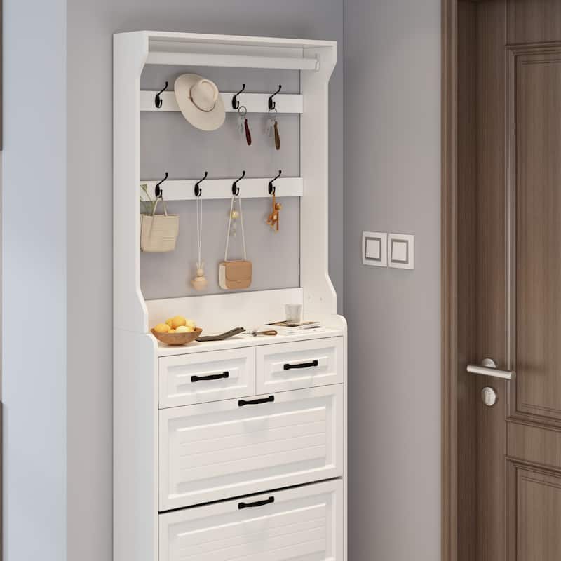 Shoe Cabinet with Hanger, Slim Hidden Shoe Rack Cabinet, Narrow Shoe Cabinet with 3 Flip Drawers & 2 Sliding Drawers