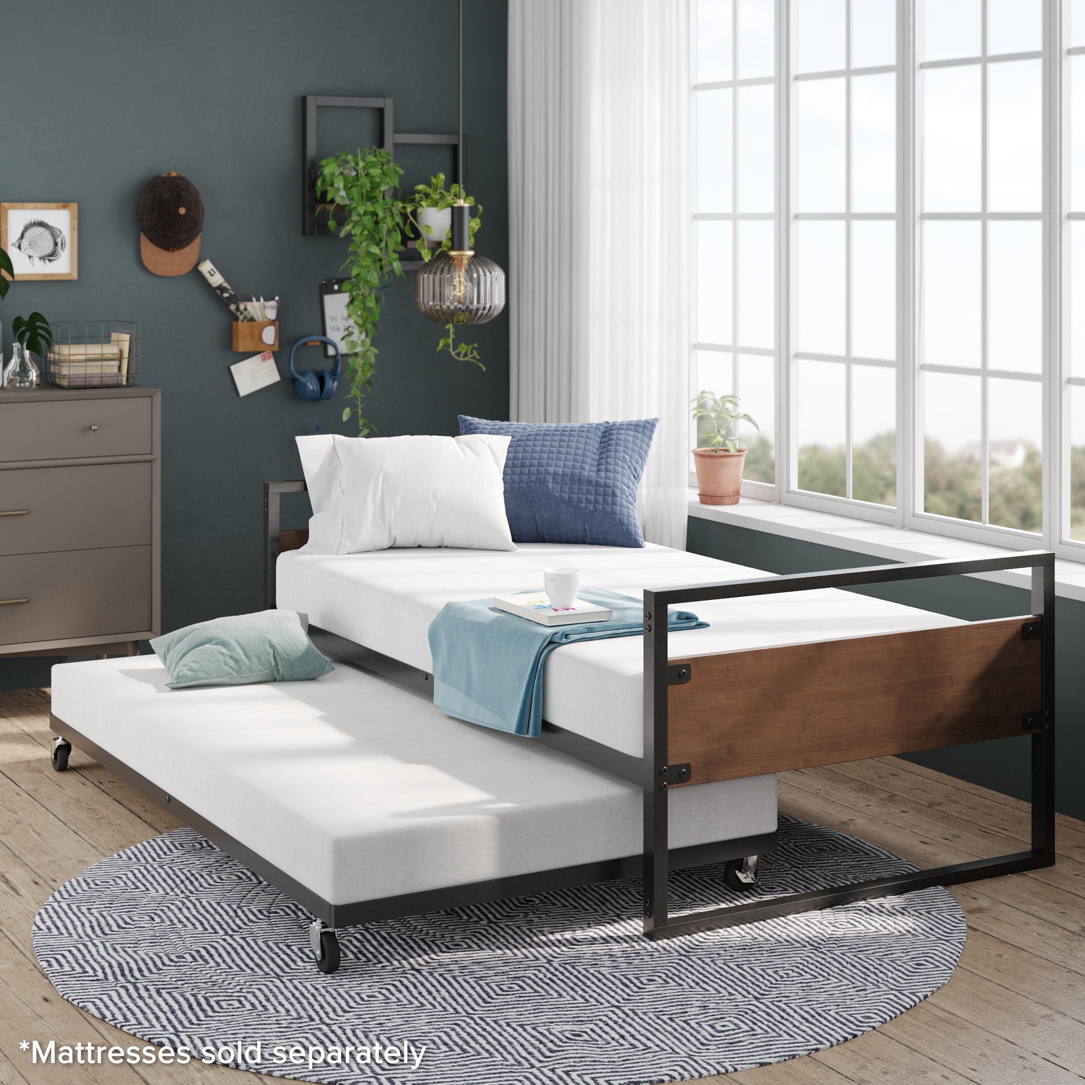 Priage by Zinus Ironline Twin Daybed and Trundle Set Brown