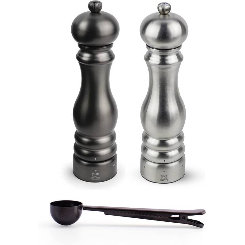 Peugeot Paris Chef Carbone u'Select Stainless Steel 22cm 9 inch Carbon Finish Pepper Mill w/ Stainless Steel Silver Salt Mill - 3 Piece
