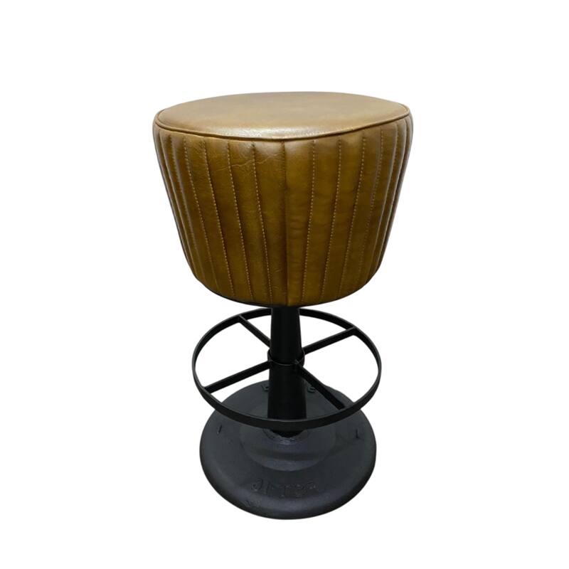 Myra Mushroom Counter Stool, Brown Ribbed Leather, Dark Gray Iron Base