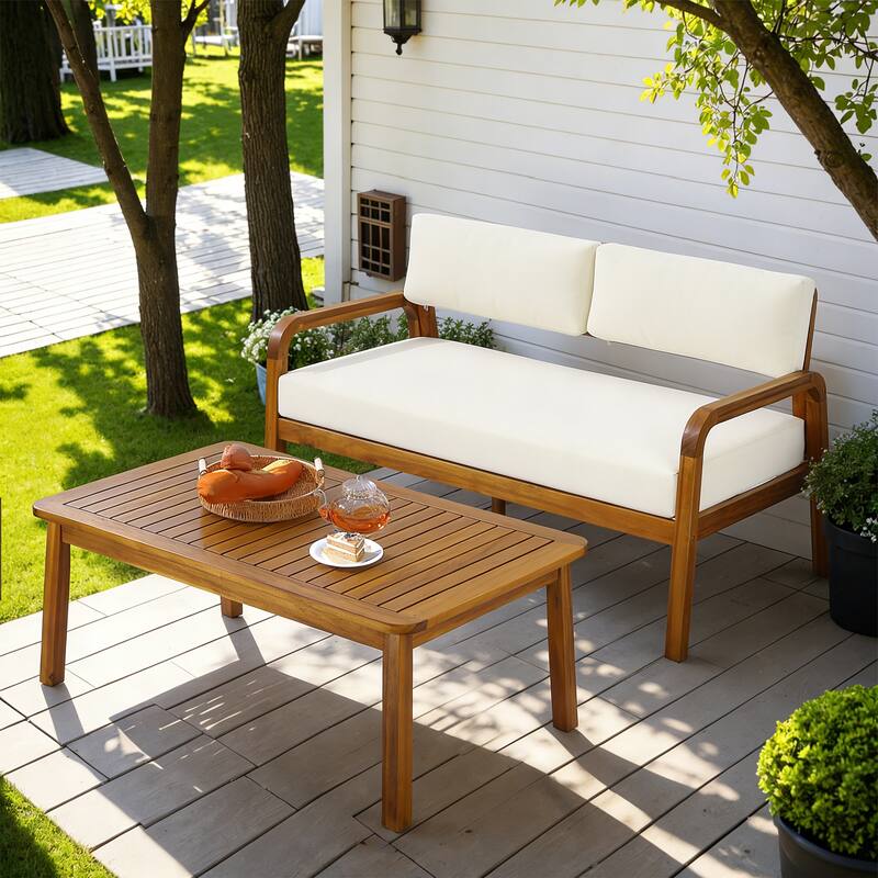 Christopher Knight Home - Solid Acacia Wood Outdoor Patio Loveseat & Coffee Table Set - Cream,Teak