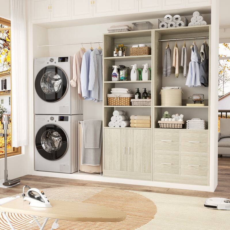Rackcog Set of 2 Closet Organizer with 2 Doors, Closet System with Drawers for Walk-in Closet - Washed Oak