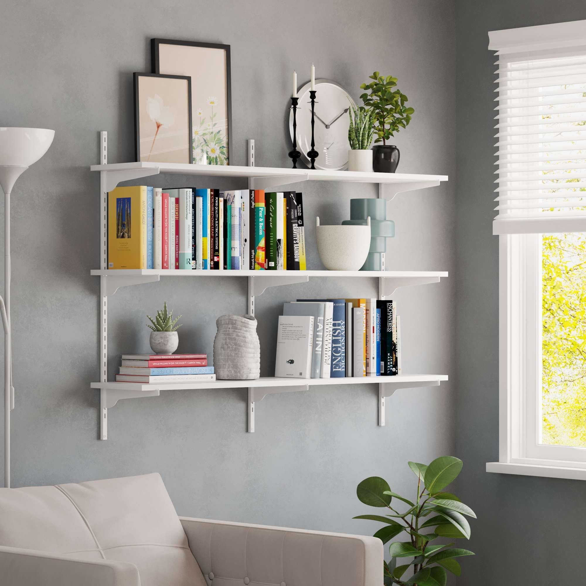 Wallniture Turin 48" Floating Bookshelves with Adjustable Brackets, Wall Shelf Unit for Living Room, Custom Tier Options, White