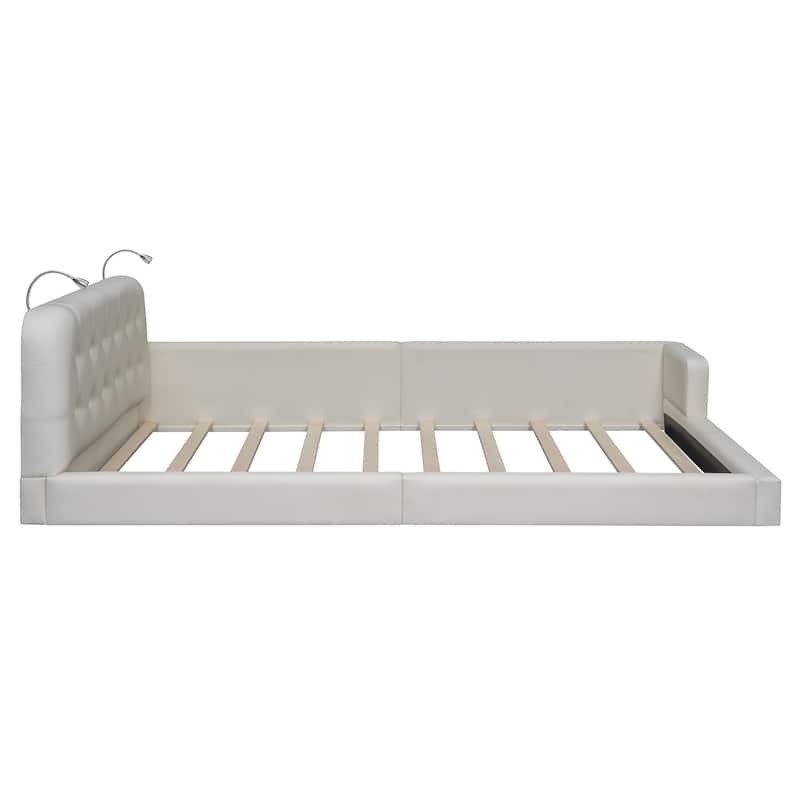 Queen Size Upholstered Platform Bed with 2 Reading Lights, Premium PU Leather Floor Bed Frame with Wooden Slats Support