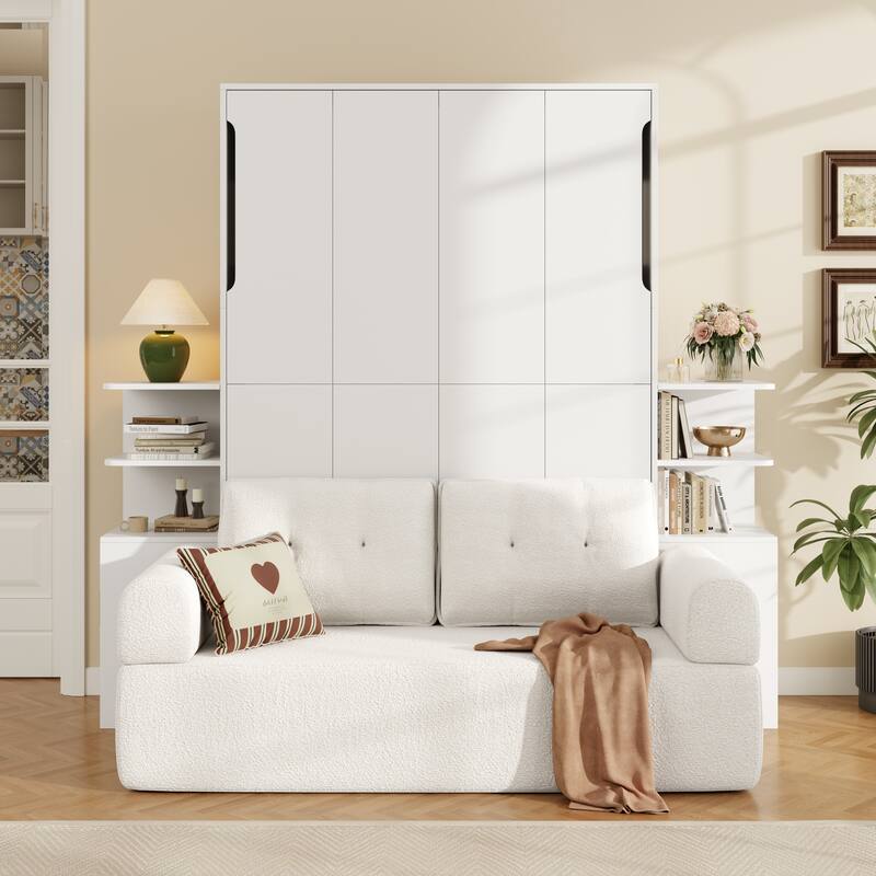 Queen Murphy Bed with Sofa Side Cabinets and Open Shelves - White - Queen