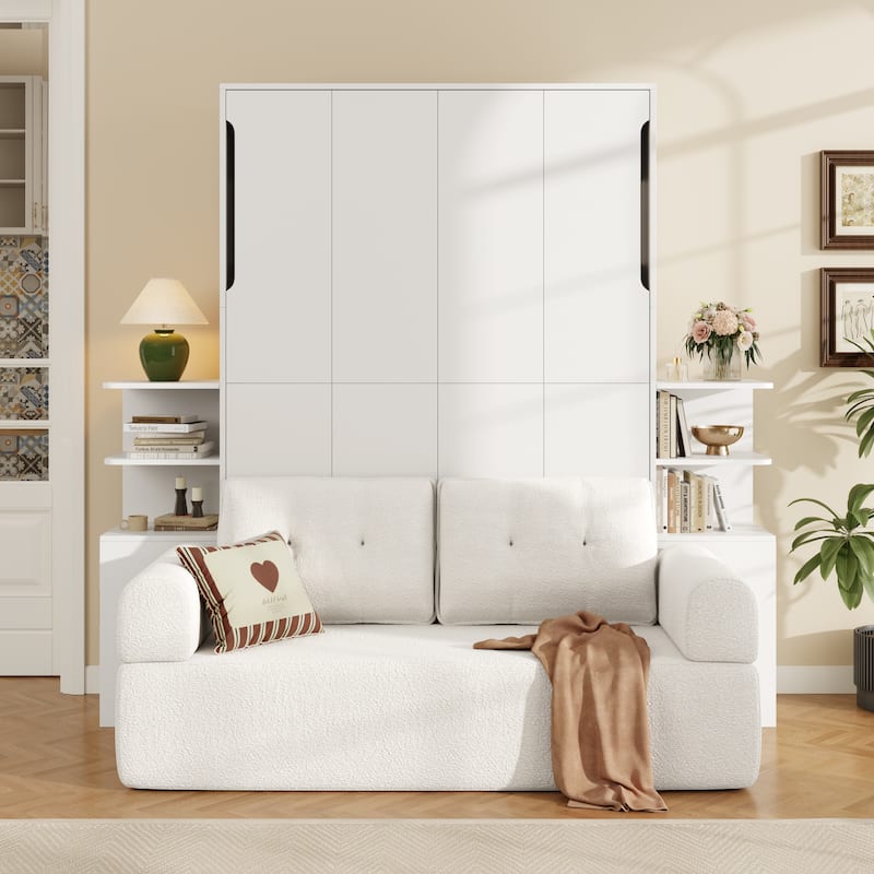 Queen Wall Murphy Bed with Sofa & Storage Cabinets, Home Office & Guest Room - White - Queen