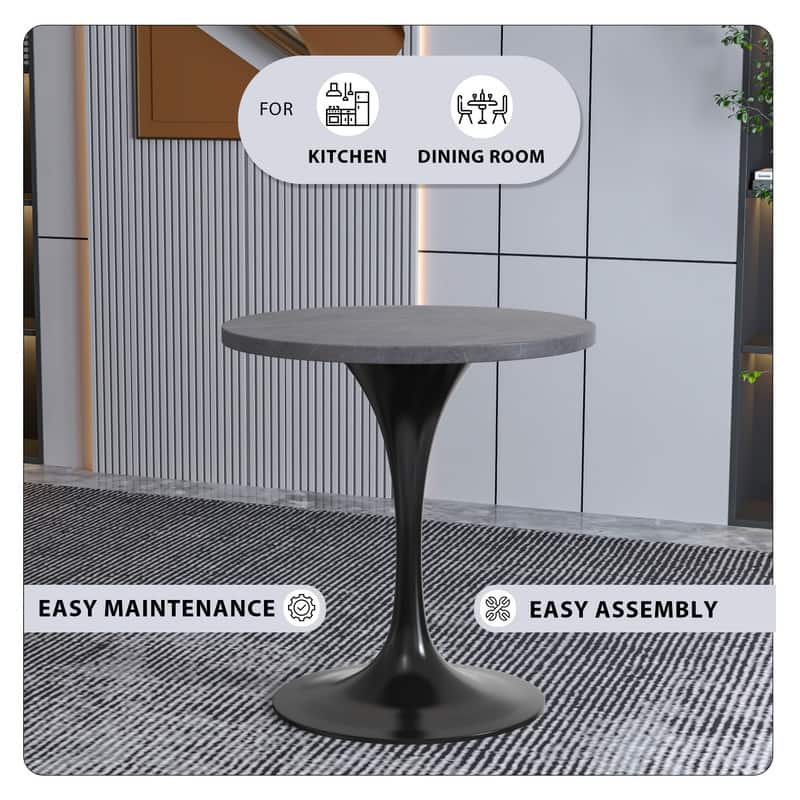 LeisureMod Verve 27" Round Dining Table with Sintered Stone TableTop and Black Steel Base for Kitchen & Dining Room - 27.56