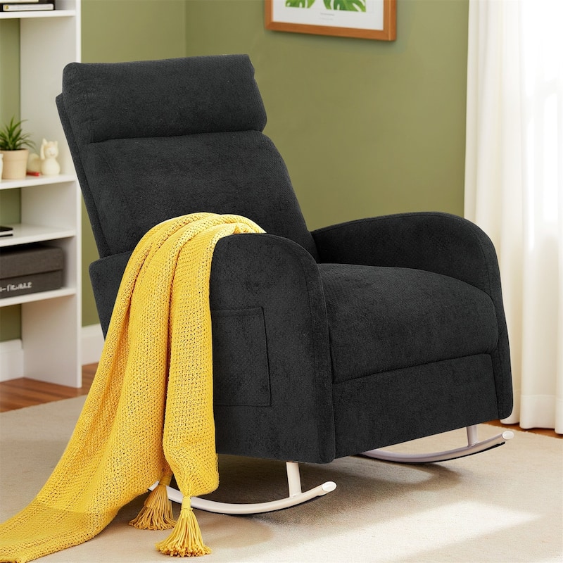 Accent Rocking Chair, Upholstered Nursery Glider Rocker for Baby and Kids, Comfy Armchair Lounger with Footrest - Black