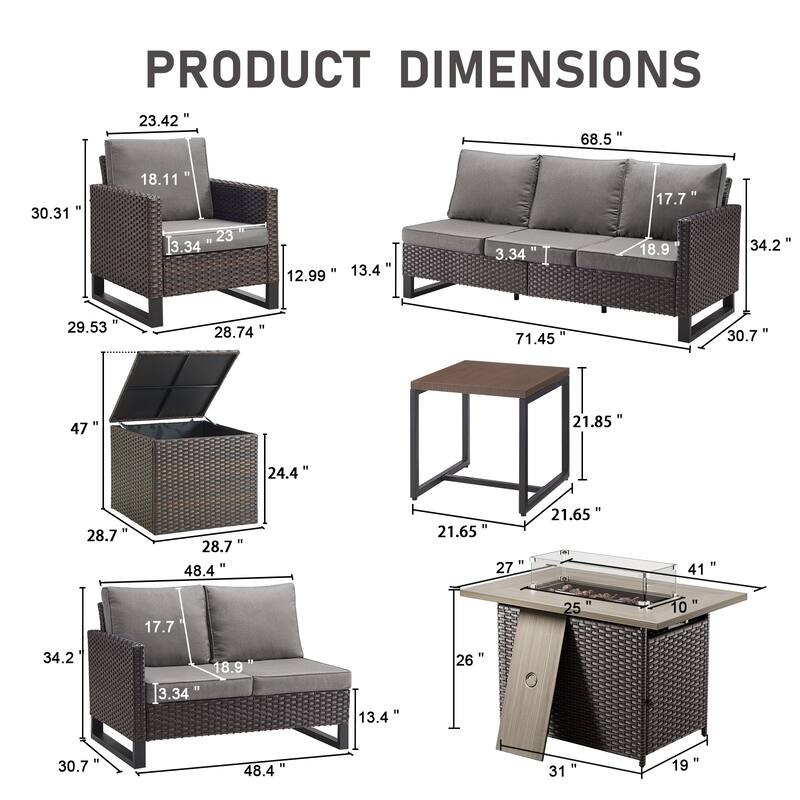 Gymojoy 9 Piece All-Weather Wicker Outdoor Patio Family Conversation Set Group With Fire Pit Table