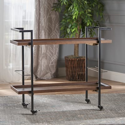 Gerard Modern Industrial 2-Tier Wood Bar Cart with Wheels by Christopher Knight Home - 38.00" W x 16.10" D x 33.00" H