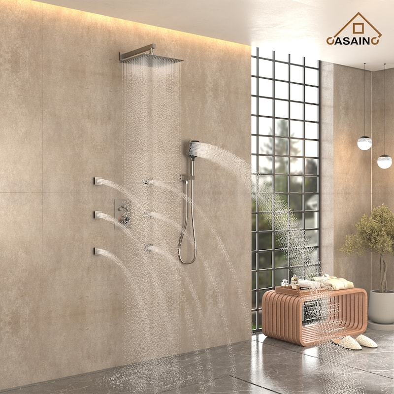 Wall Mount 12 Inch Rainfall Shower Head 3 Function Thermostatic Shower System with 6 Body Jets