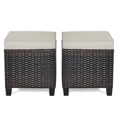 Outdoor Cushioned Rattan Wicker Ottomans (Set of 2)
