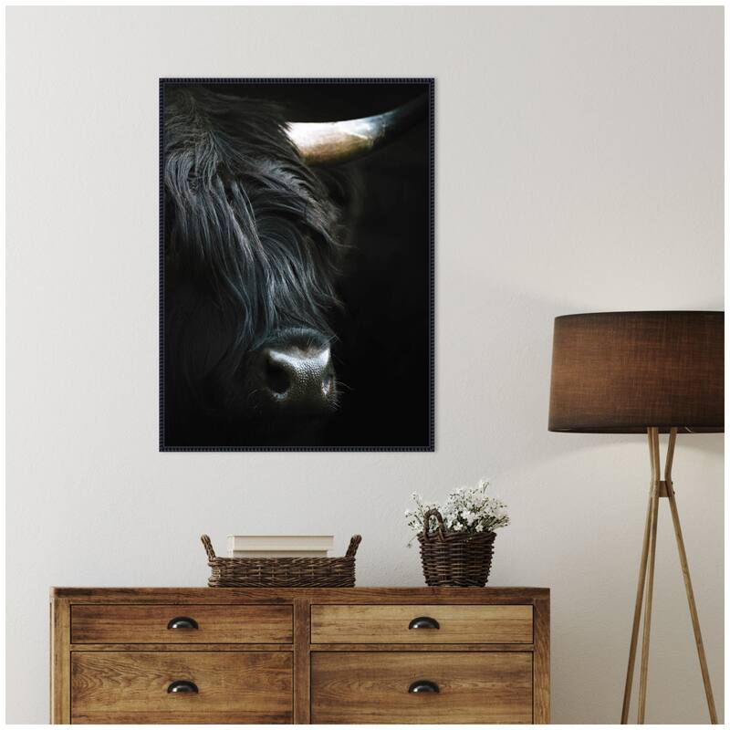 Kate and Laurel Minimalist Black Highland Cow VERTICAL CROP by Michael Schauer Framed Canvas Wall Art Print