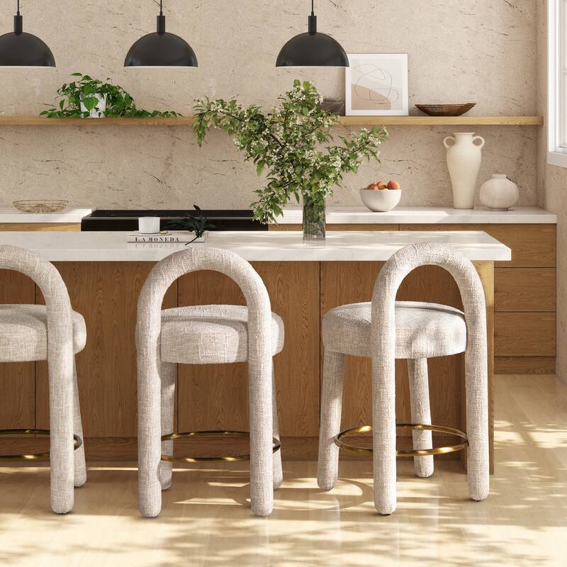26.5" Round Arched Upholstered Counter Stool, Set Of 2, Travertine Beige Chenille