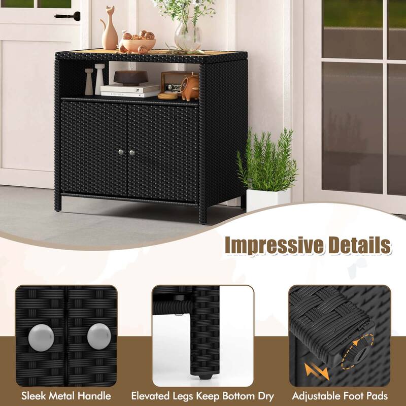 Costway Patio Rattan Storage Cabinet with Acacia Wood Countertop Open - See Details