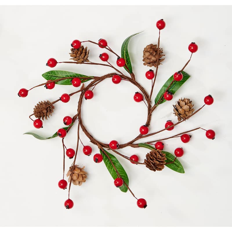 3.5" Red Berries Pine Cone Leaves Candle Ring, Set of 4 - 8