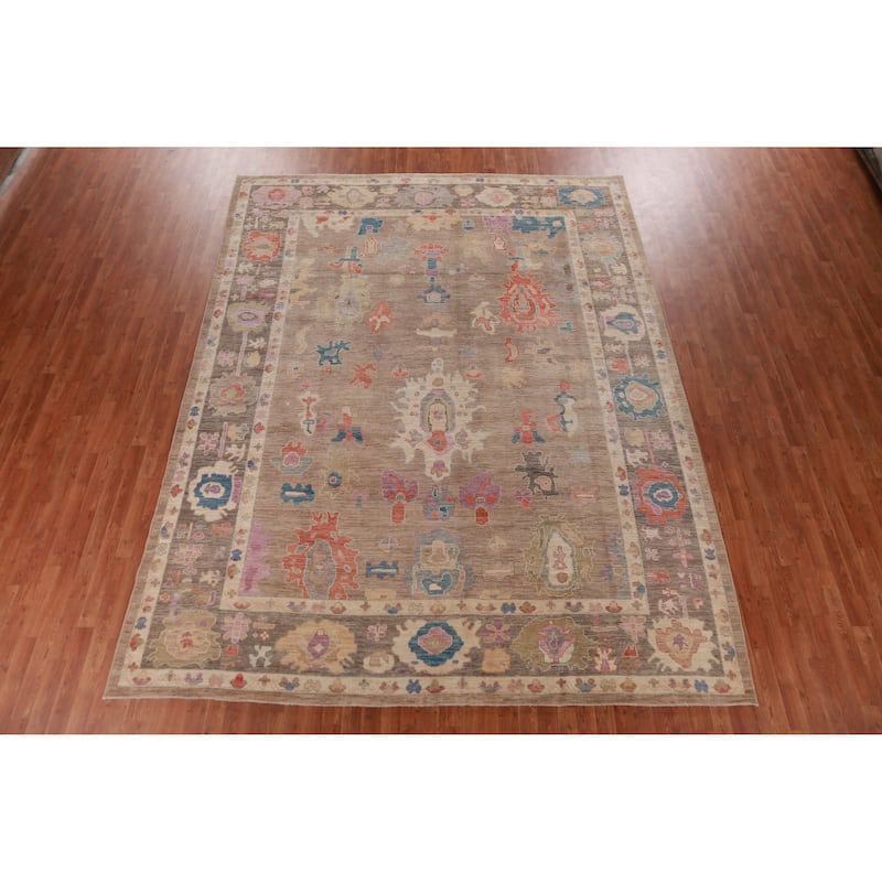 Hand Knotted Oriental 100% Wool Carpet Transitional All-Over Brown Oushak Area Rug - 12' 4'' X 9' 5''