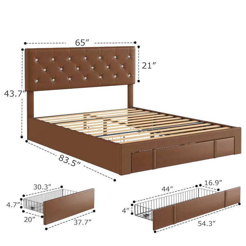 VECELO Bed Frame with Storage Drawers Leather Upholstered with Diamond Tufted Headboard Solid Wood Slat Support