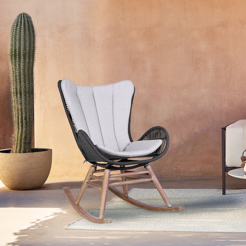 Fanny Solid Eucalyptus Wood & Rope Outdoor Patio Rocking Chair - Charcoal Rope & Light Eucalyptus