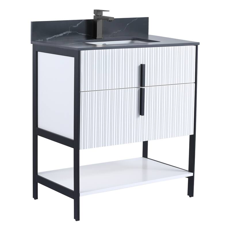 Fine Fixtures Serenity Modern Bathroom Vanity with Black Sintered Stone Top - White Matte - Black Hardware - 30 inch