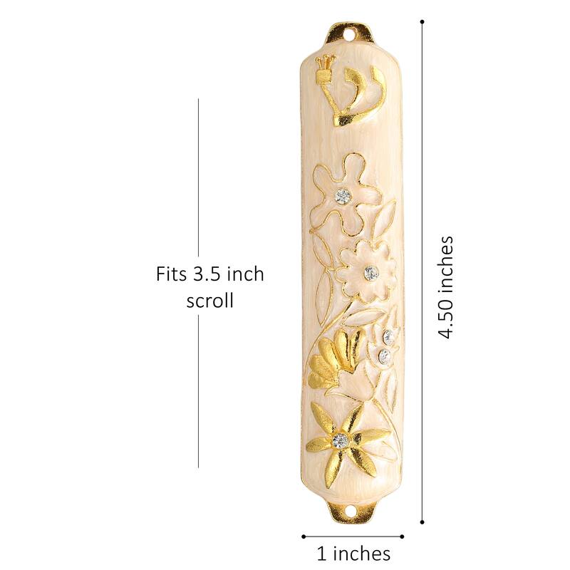 Hand Painted White Enamel Mezuzah Embellished with a Floral Design with Gold Accents and High Quality Crystals by Matashi
