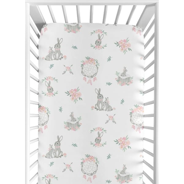slide 2 of 6, Sweet Jojo Designs Blush Pink Grey Woodland Boho Dream Catcher Arrow Gray Bunny Floral Girl Fitted Crib Sheet - Watercolor Rose