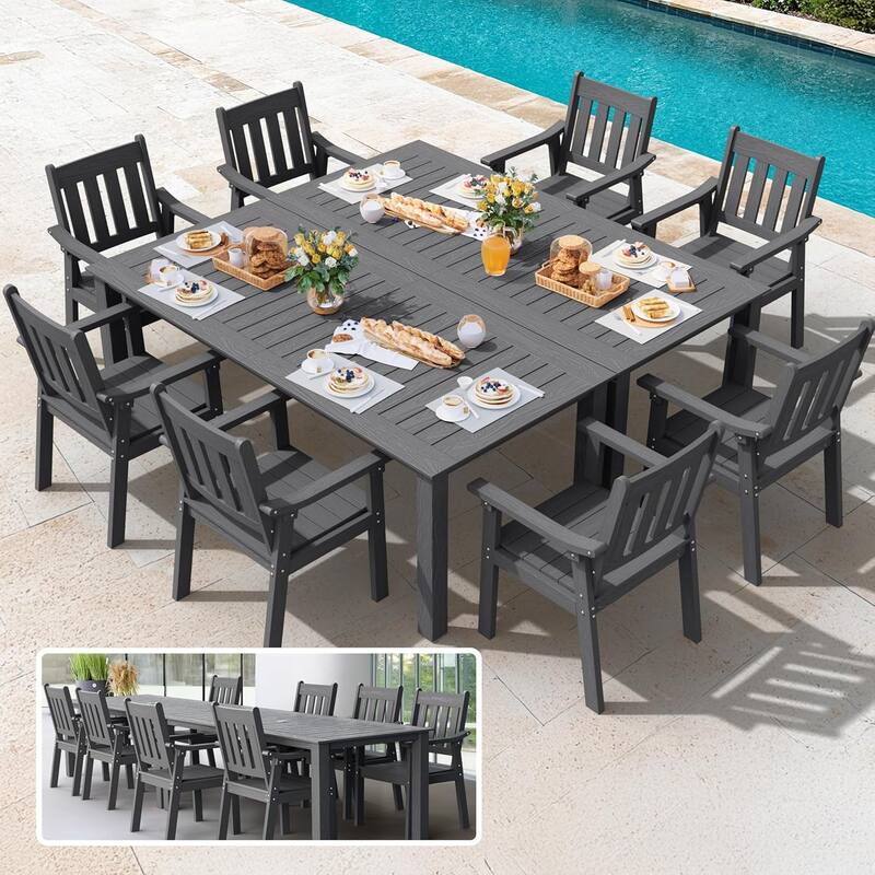 WINSOON 10-Piece HIPS All Weather Outdoor Patio Dining Sets with Umbrella Hole& Aluminum Frame,2-Table 8-Chairs