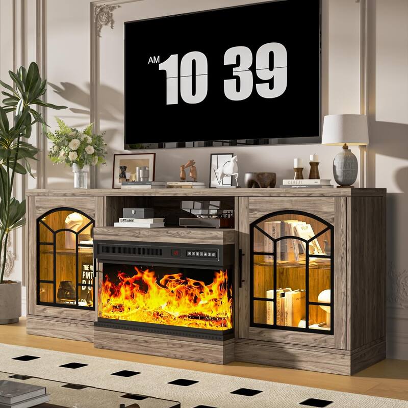 Waleaf 60" Fireplace TV Stand with 3-Sided Glass Fireplace, Farmhouse Entertainment Center Modern Console - 60inch - Grey