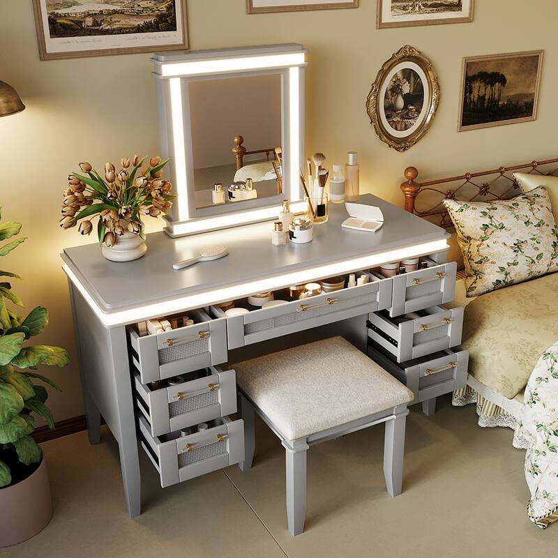 LED Dressing Table & Upholstered Stool Set of 2, 48" Makeup Vanity Desk with Mirror and Lights