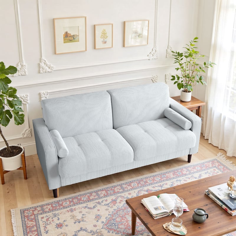 Modern Corduroy Upholstered Loveseat with Bolster Pillows and Wood Legs