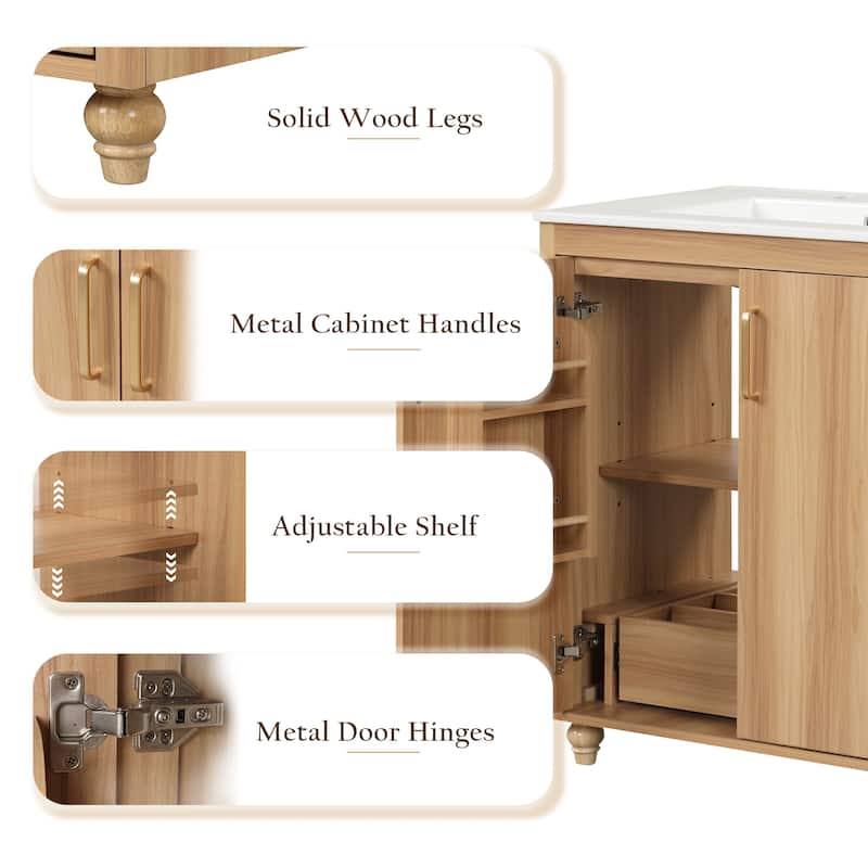 30" Bathroom Vanity with Sink Natural Wooden Storage Cabinet with Door Racks and Adjustable Shelf, Built-in Drawer with Divider