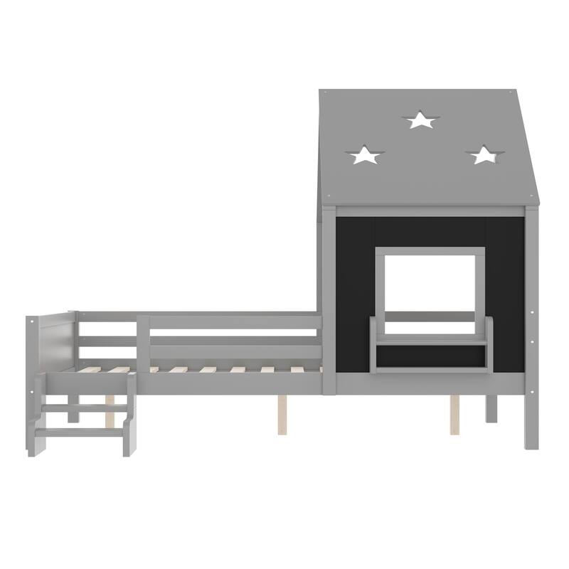 Full House Beds with Low-Profile Stairs and a Window, Solid Wood House Platform Bed with a Bookcase Design