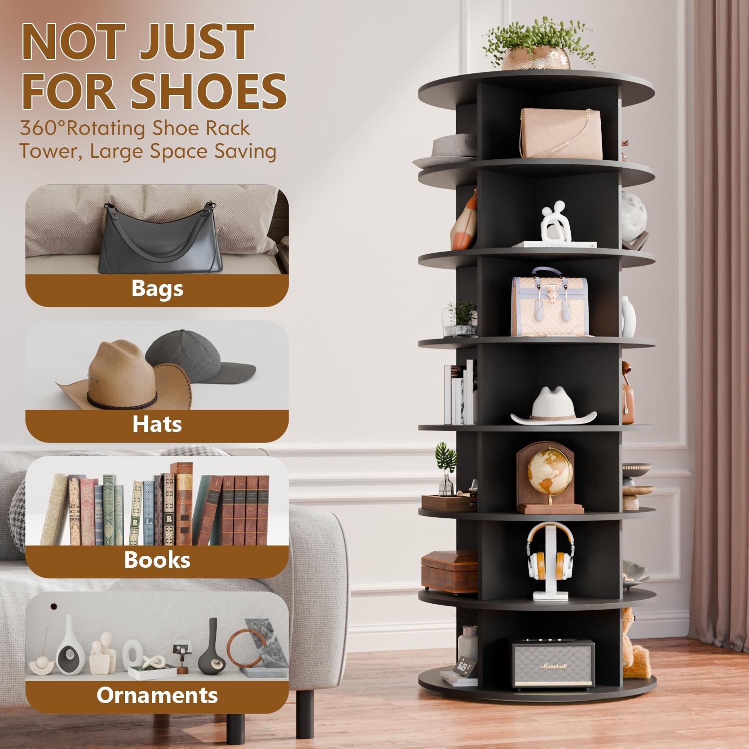 Lvrunben 7-Tier Rotating Shoe Organizer – 360° Spinning Lazy Susan Holds 28+ Pairs, White PVC, For Closet Or Entryway