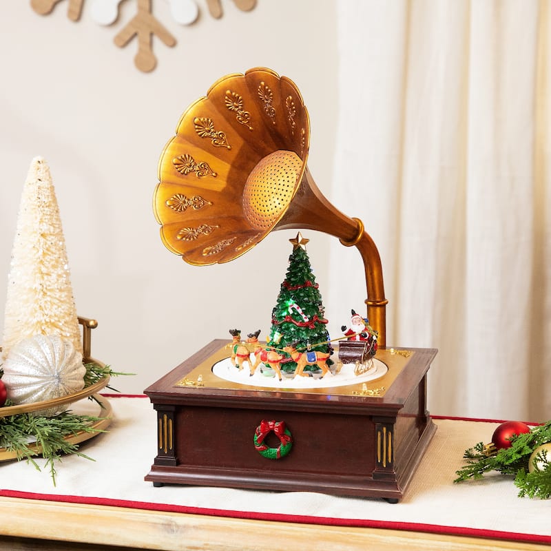 LED Lighted and Musical Gramophone Animated Christmas Decoration - 14"