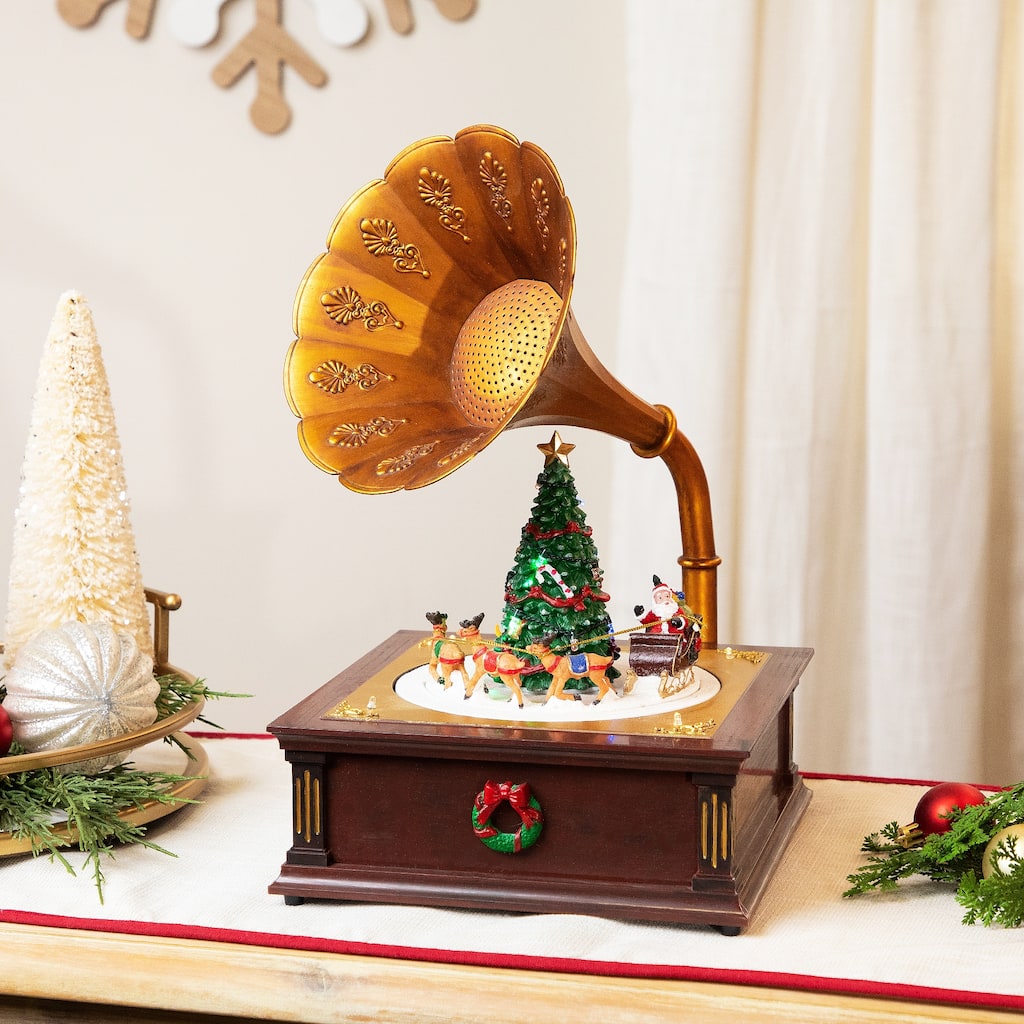 LED Lighted and Musical Gramophone Animated Christmas Decoration - 14"