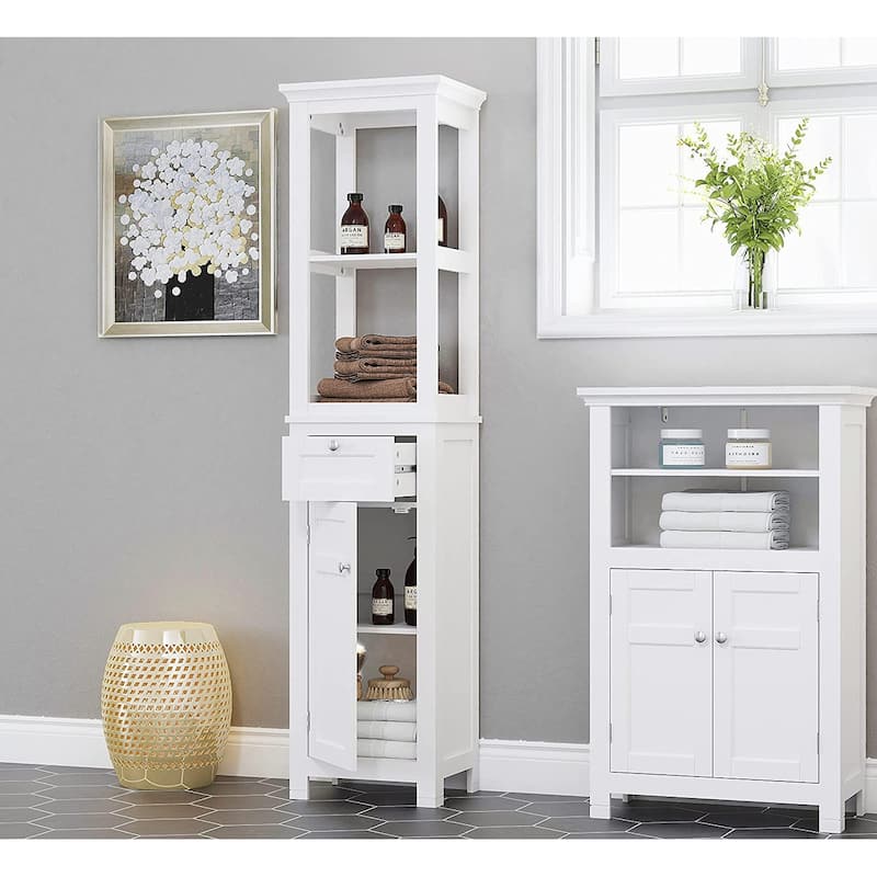 Spirich Home Bathroom Freestanding Storage Cabinet with Two Tier Open Shelves, Tall Slim Tower with Door and Drawer(White)