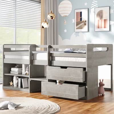 Twin Solid Pine Loft Bed with Shelves, Drawers, and Guardrail