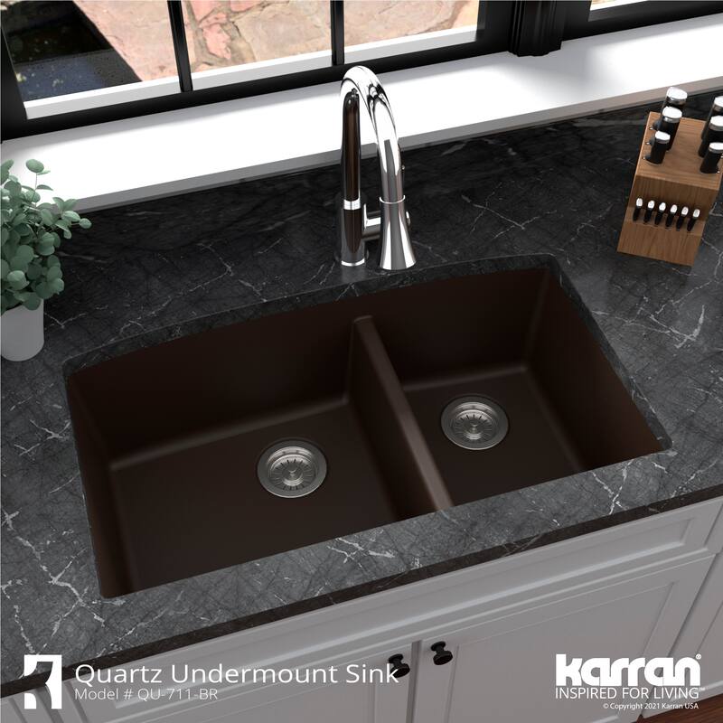 Karran Undermount Quartz 32 in. 60/40 Double Bowl Kitchen Sink Kit